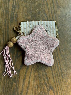 Beaded Pink Star Keychain Pouch with Tassel